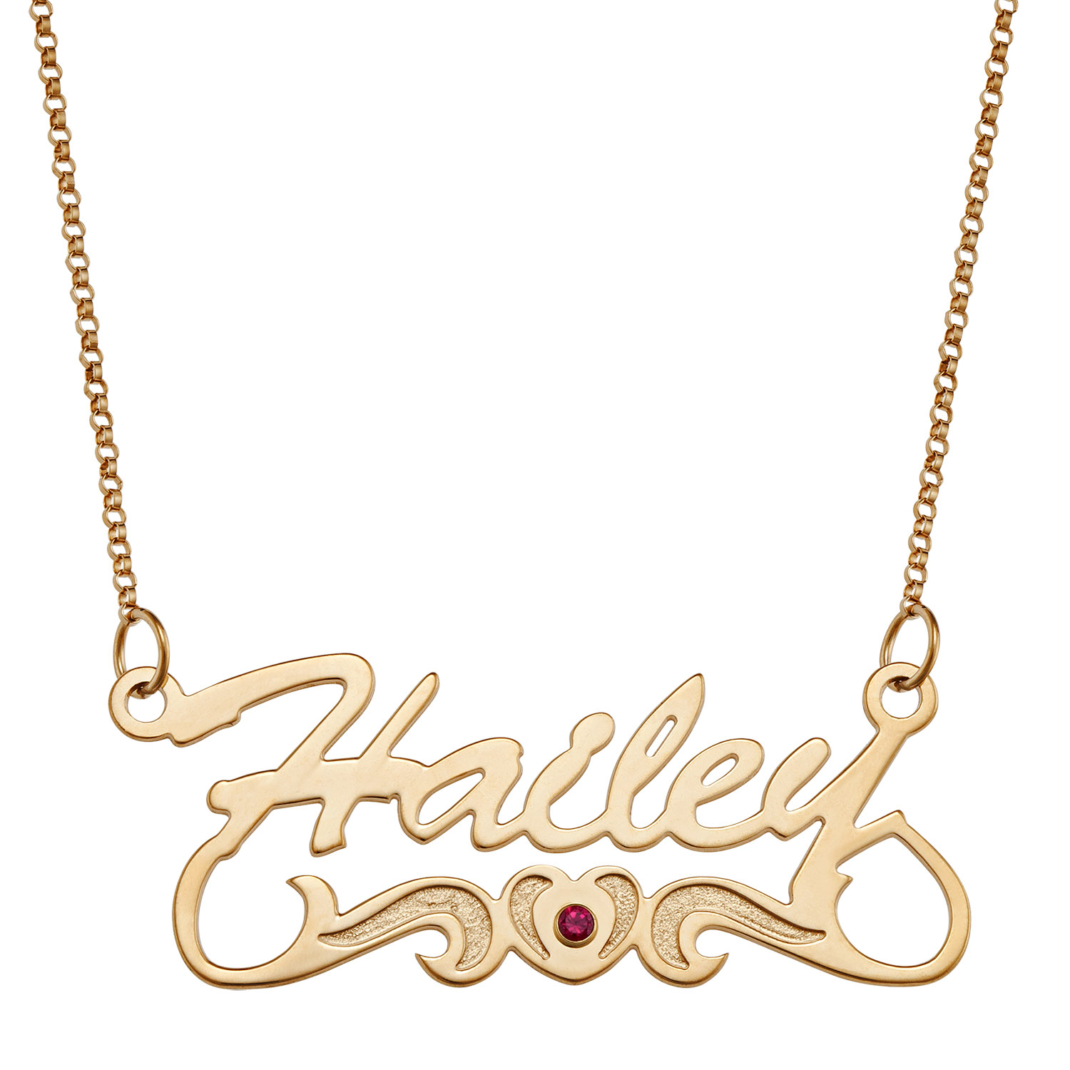 Simulated Birthstone With Heart And Scroll Name Necklace